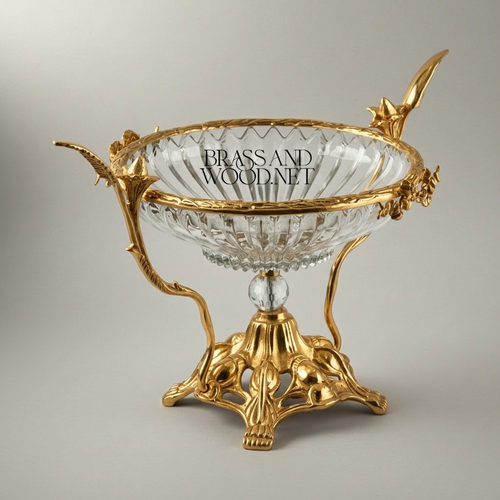 Art Nouveau Brass & Crystal Centerpiece Bowl - Ornate Foliage Stand — Gold