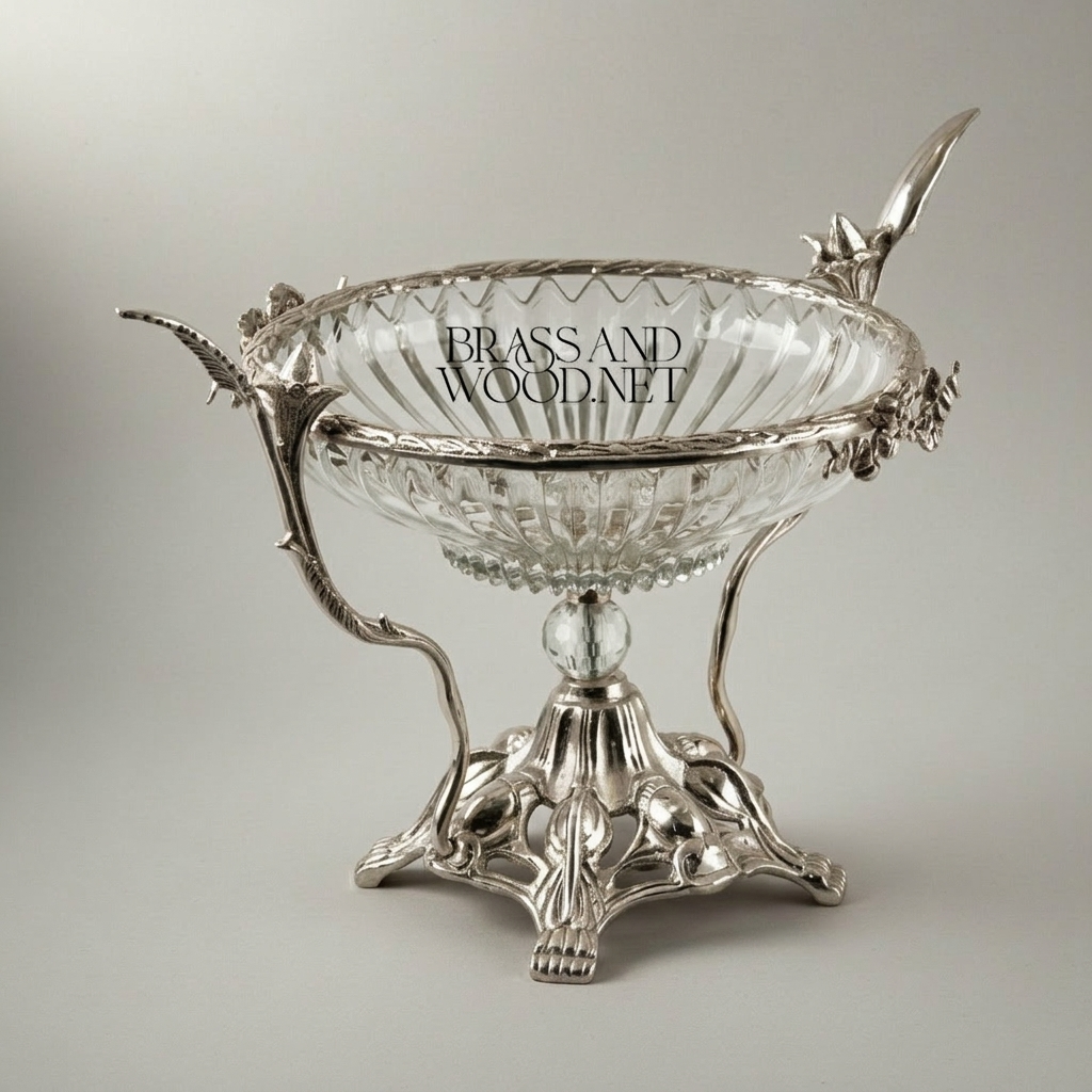 Art Nouveau Brass & Crystal Centerpiece Bowl - Ornate Foliage Stand — Silver