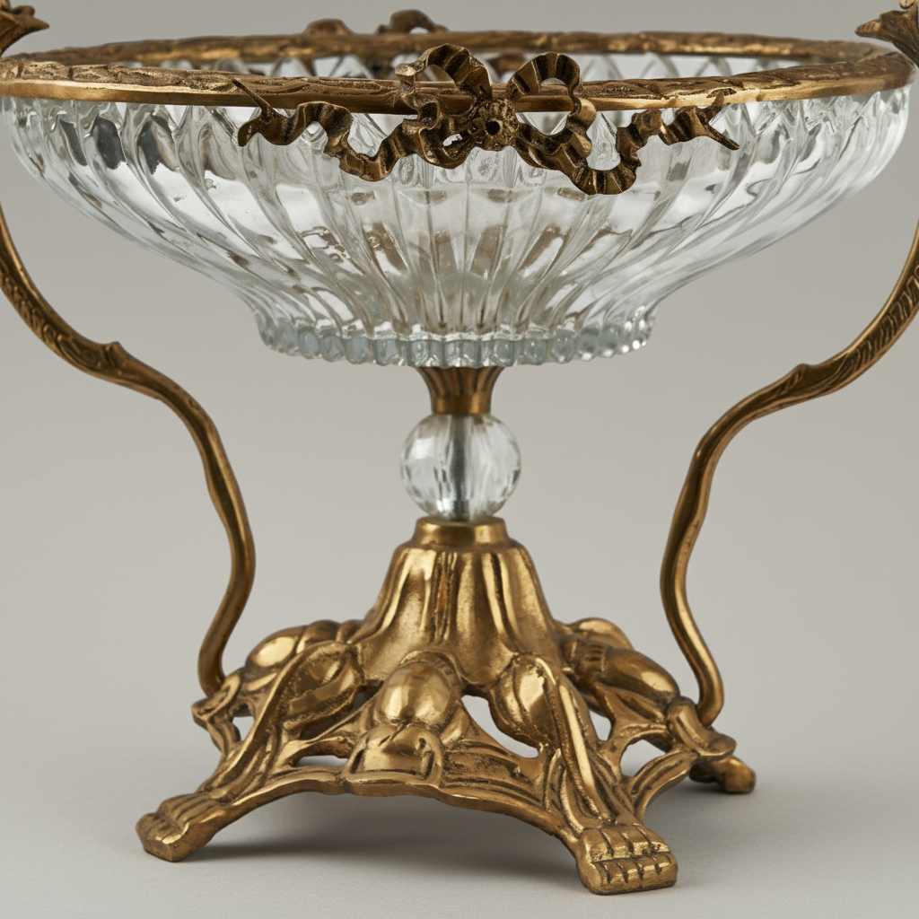Art Nouveau Brass & Crystal Centerpiece Bowl - Ornate Foliage Stand — Antique Gold