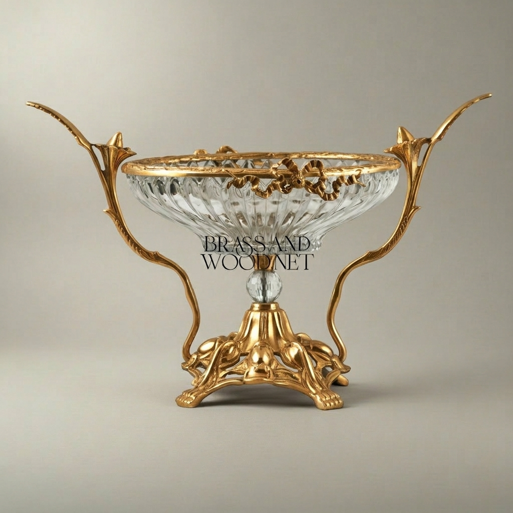 Art Nouveau Brass & Crystal Centerpiece Bowl - Ornate Foliage Stand — Gold