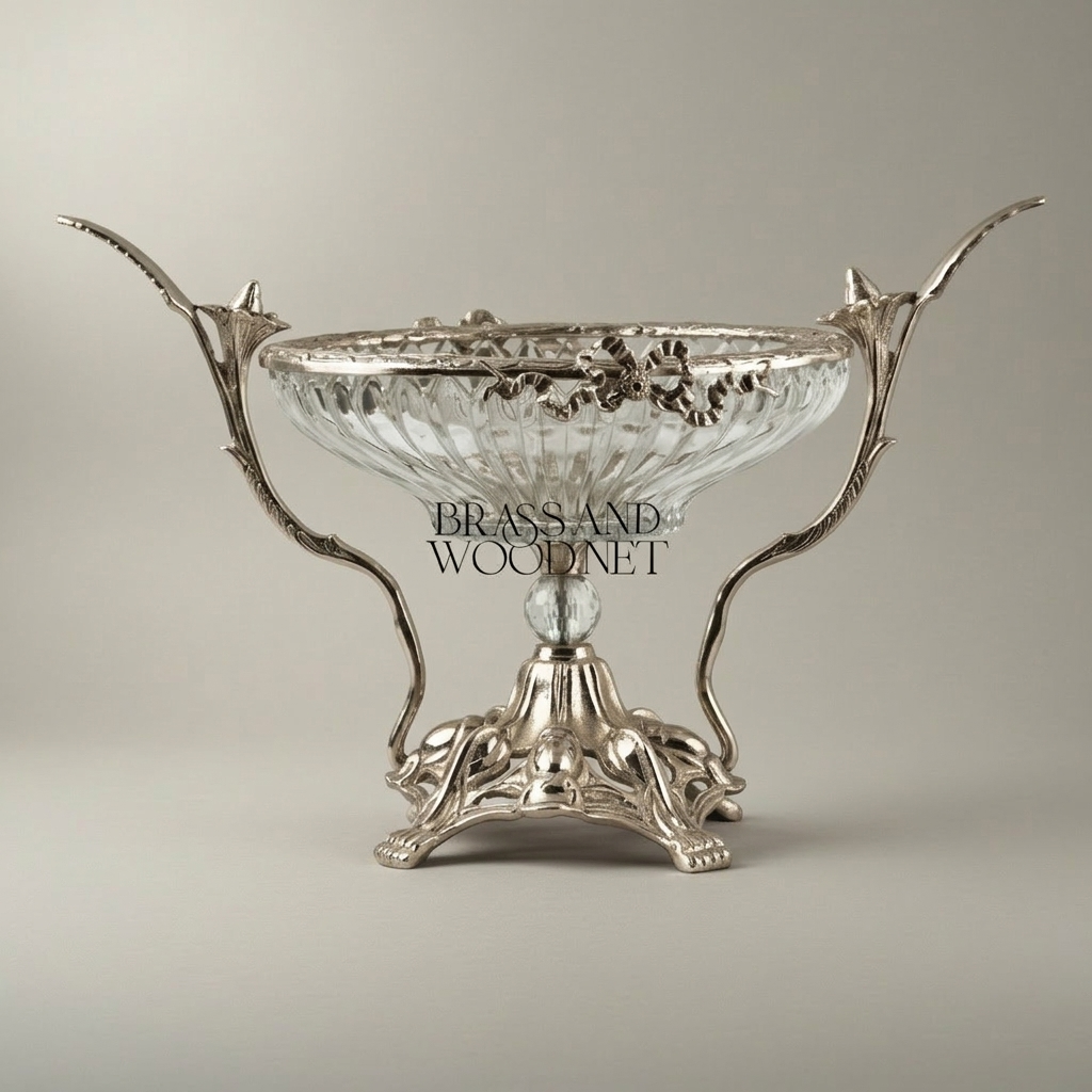 Art Nouveau Brass & Crystal Centerpiece Bowl - Ornate Foliage Stand — Silver