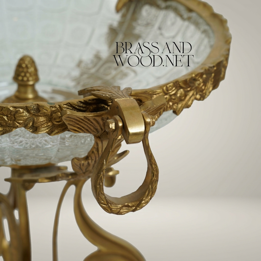 Art Nouveau Brass & Etched Glass Pedestal Candy Dish - Scrollwork Figural Stand — Antique Gold