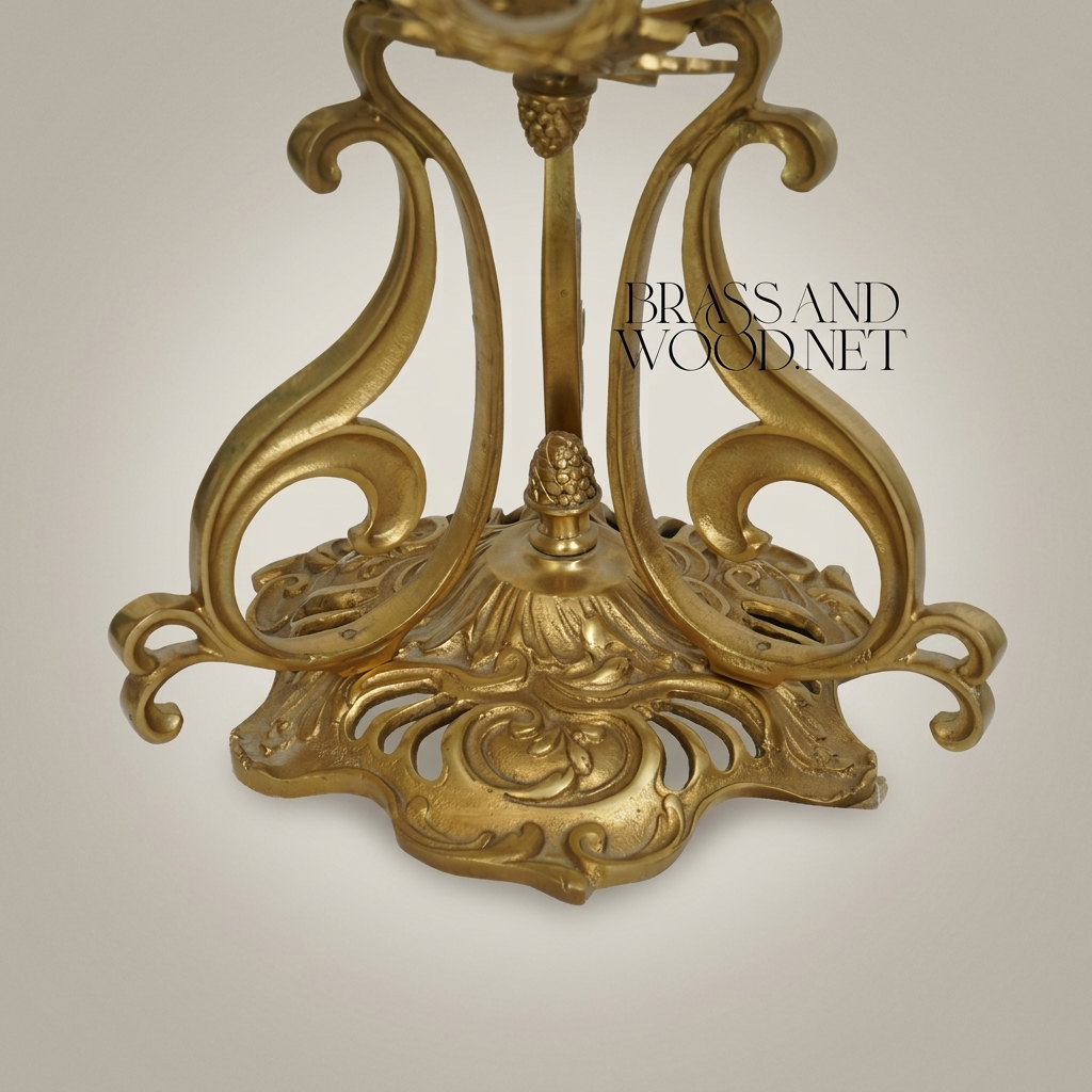 Art Nouveau Brass & Etched Glass Pedestal Candy Dish - Scrollwork Figural Stand — Antique Gold