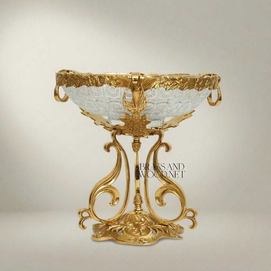 Art Nouveau Brass & Etched Glass Pedestal Candy Dish - Scrollwork Figural Stand — Gold