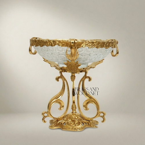 Art Nouveau Brass & Etched Glass Pedestal Candy Dish - Scrollwork Figural Stand — Gold