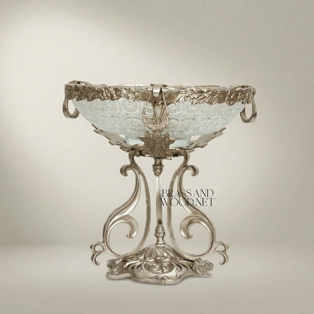 Art Nouveau Brass & Etched Glass Pedestal Candy Dish - Scrollwork Figural Stand — Silver