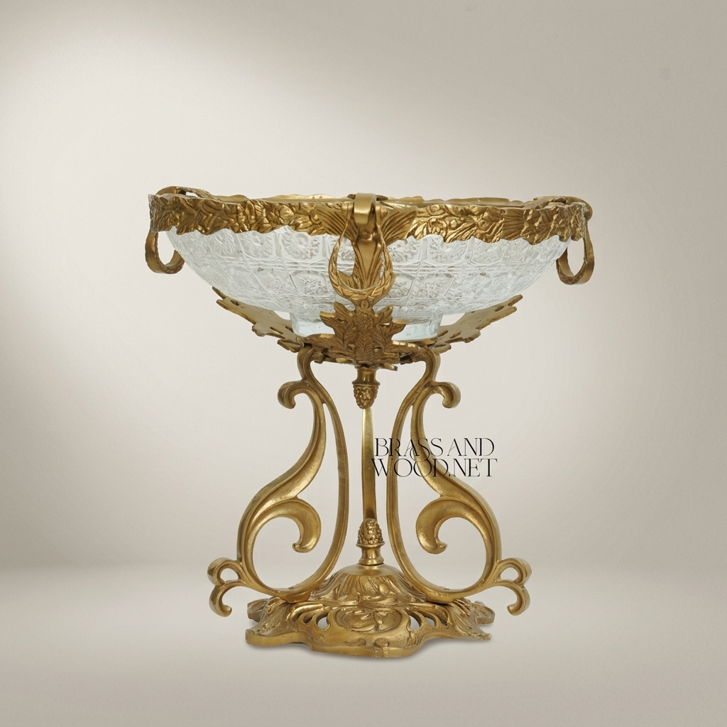 Art Nouveau Brass & Etched Glass Pedestal Candy Dish - Scrollwork Figural Stand — Antique Gold