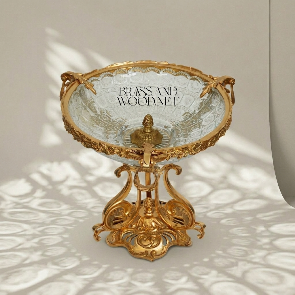 Art Nouveau Brass & Etched Glass Pedestal Candy Dish - Scrollwork Figural Stand