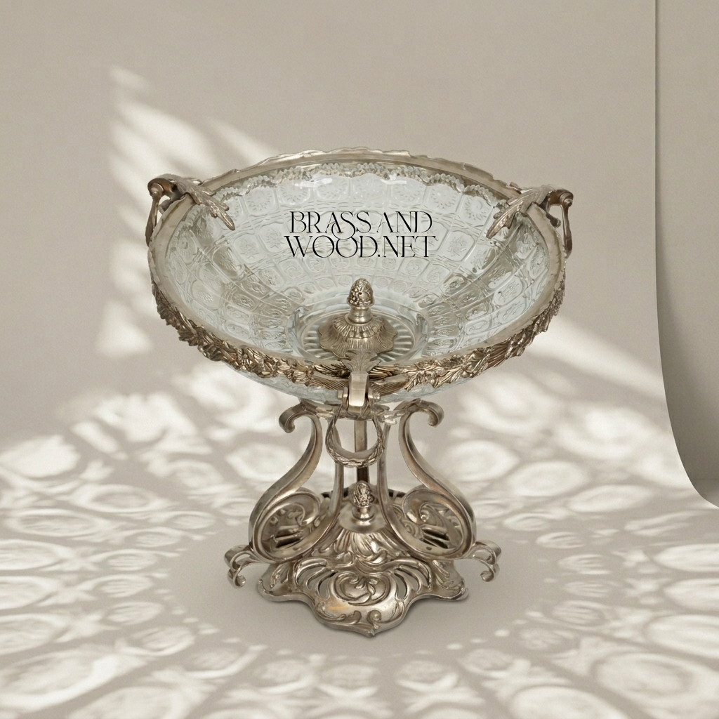 Art Nouveau Brass & Etched Glass Pedestal Candy Dish - Scrollwork Figural Stand — Silver