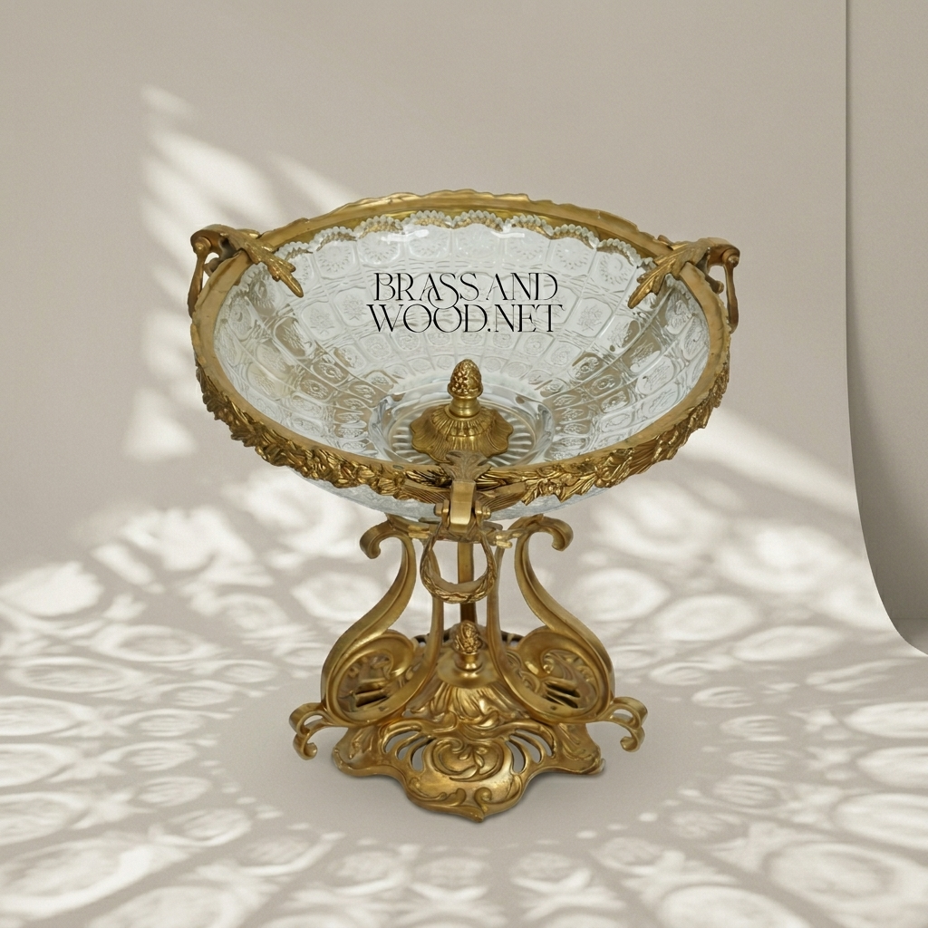 Art Nouveau Brass & Etched Glass Pedestal Candy Dish - Scrollwork Figural Stand — Antique Gold