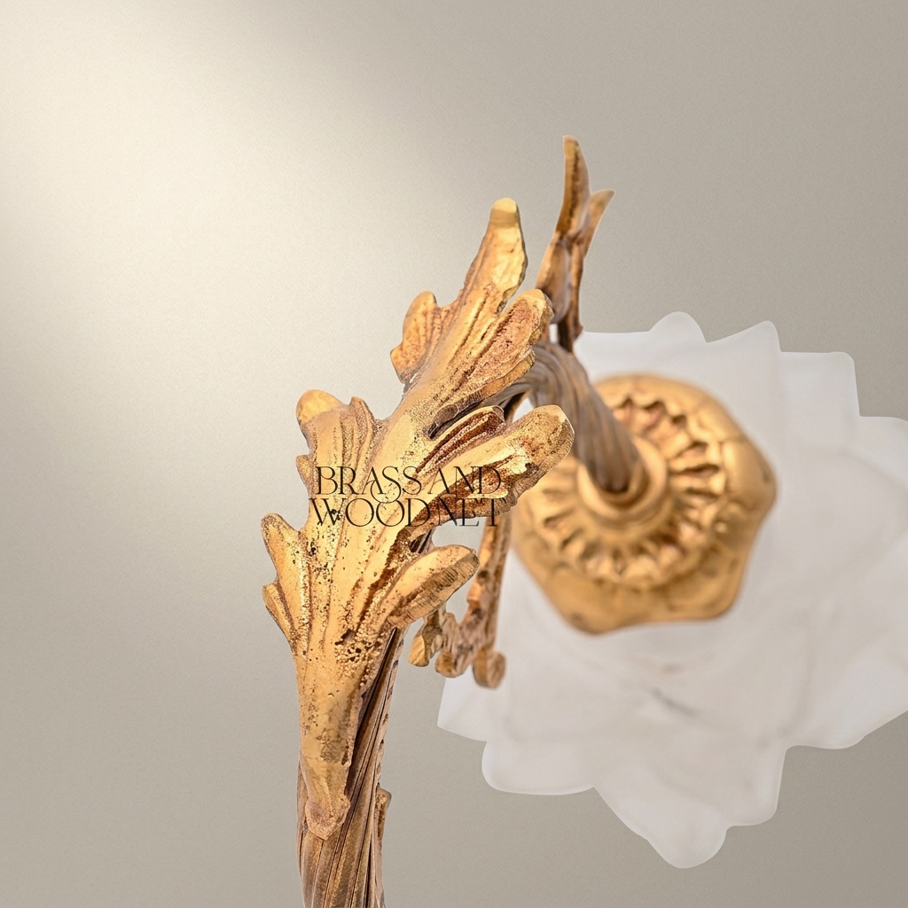 Art Nouveau Brass Table Lamp - Sculpted Vine Stem & Floral Glass Shade — Antique Gold