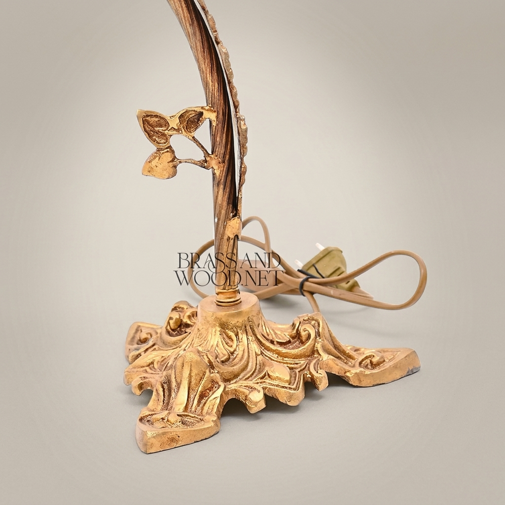 Art Nouveau Brass Table Lamp - Sculpted Vine Stem & Floral Glass Shade — Antique Gold