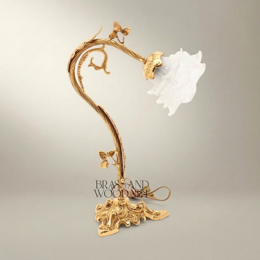 Art Nouveau Brass Table Lamp - Sculpted Vine Stem & Floral Glass Shade — Gold