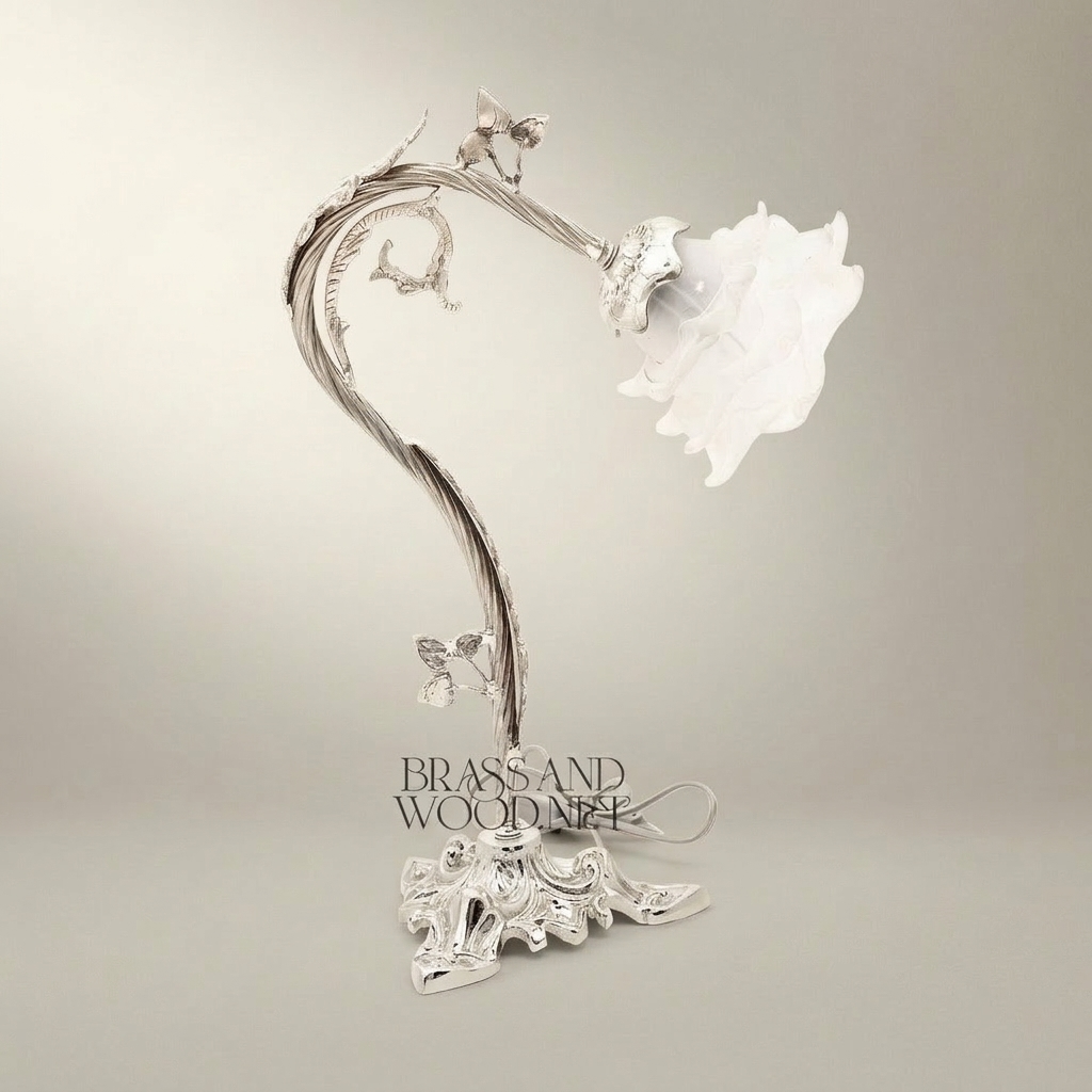 Art Nouveau Brass Table Lamp - Sculpted Vine Stem & Floral Glass Shade — Silver