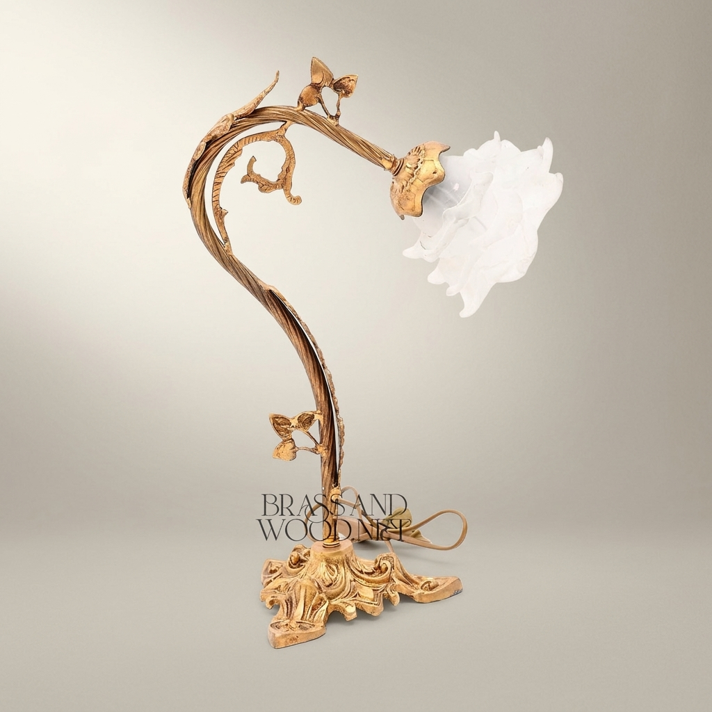 Art Nouveau Brass Table Lamp - Sculpted Vine Stem & Floral Glass Shade — Antique Gold