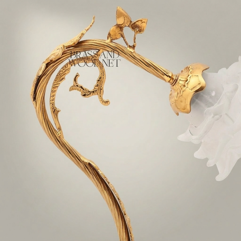 Art Nouveau Brass Table Lamp - Sculpted Vine Stem & Floral Glass Shade — Gold