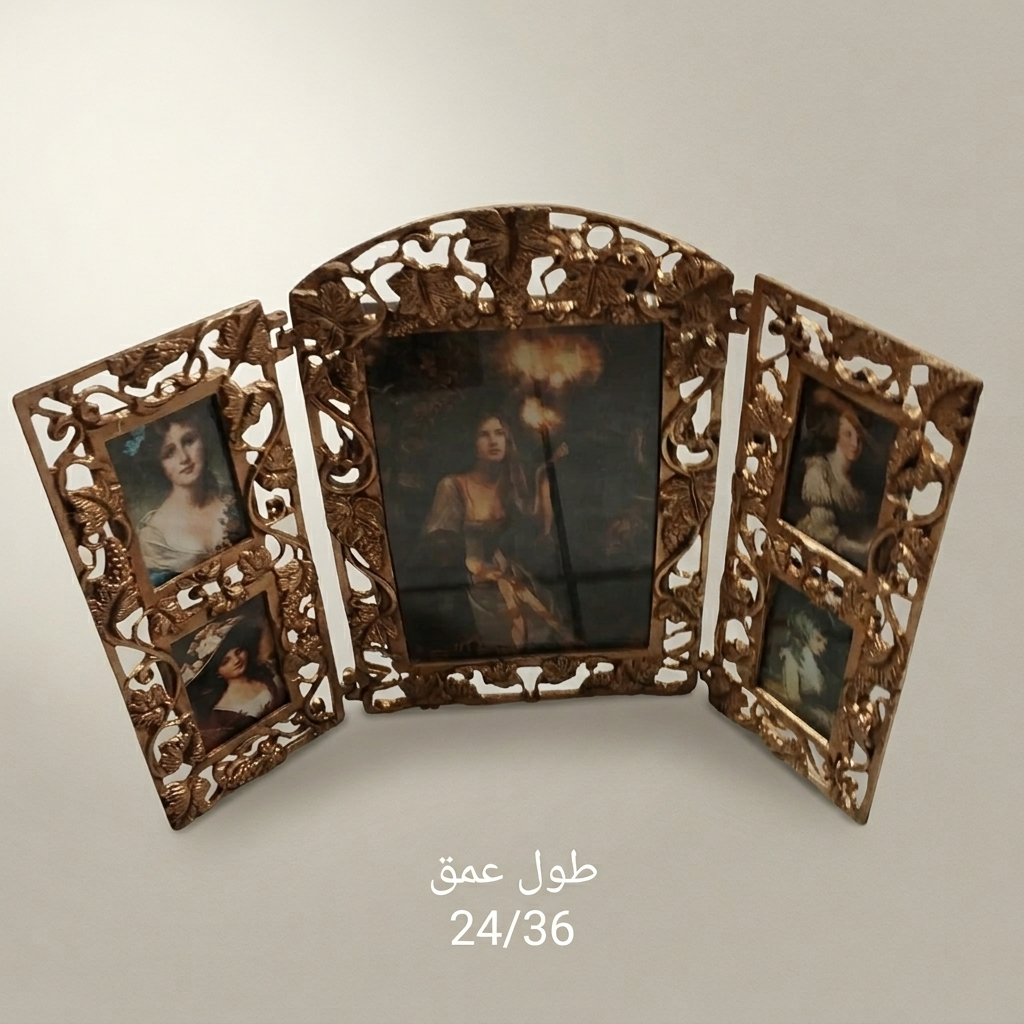 Art Nouveau Brass Triptych Photo Frame - Folding Openwork Acanthus Panel — Antique Gold