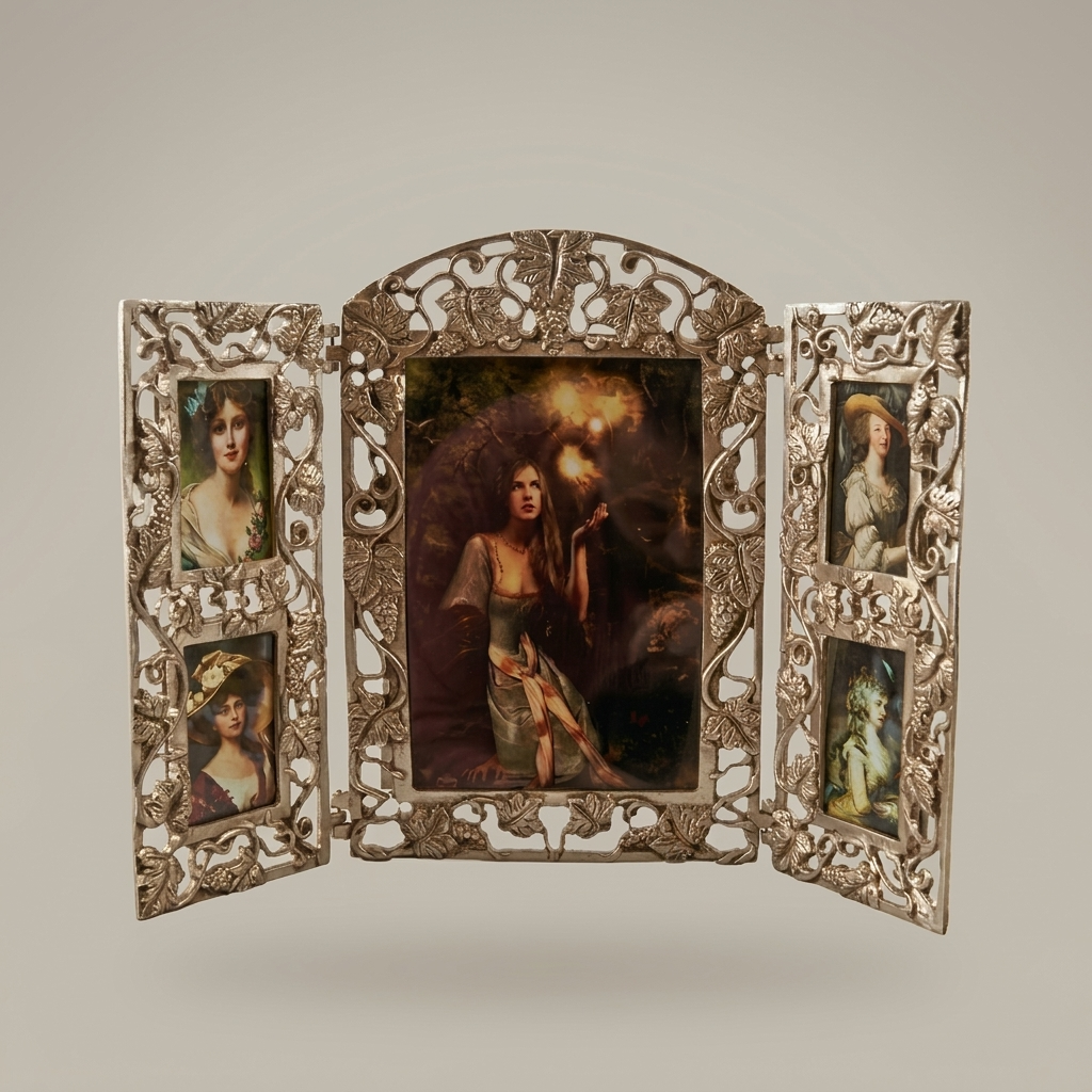 Art Nouveau Brass Triptych Photo Frame - Folding Openwork Acanthus Panel — Silver
