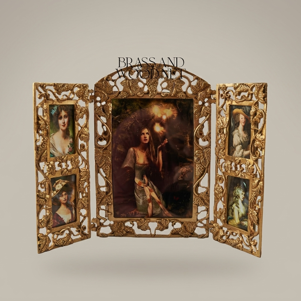 Art Nouveau Brass Triptych Photo Frame - Folding Openwork Acanthus Panel — Antique Gold