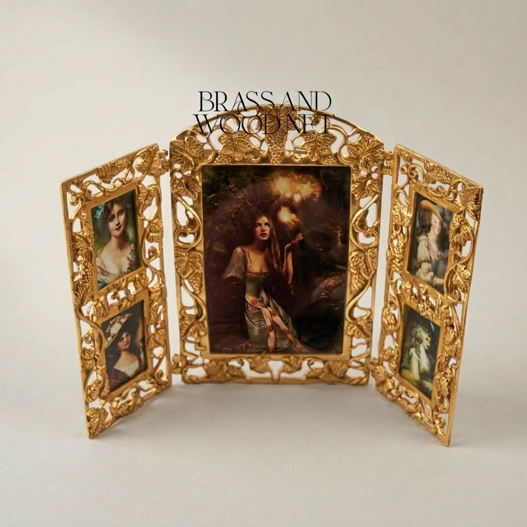 Art Nouveau Brass Triptych Photo Frame - Folding Openwork Acanthus Panel — Gold