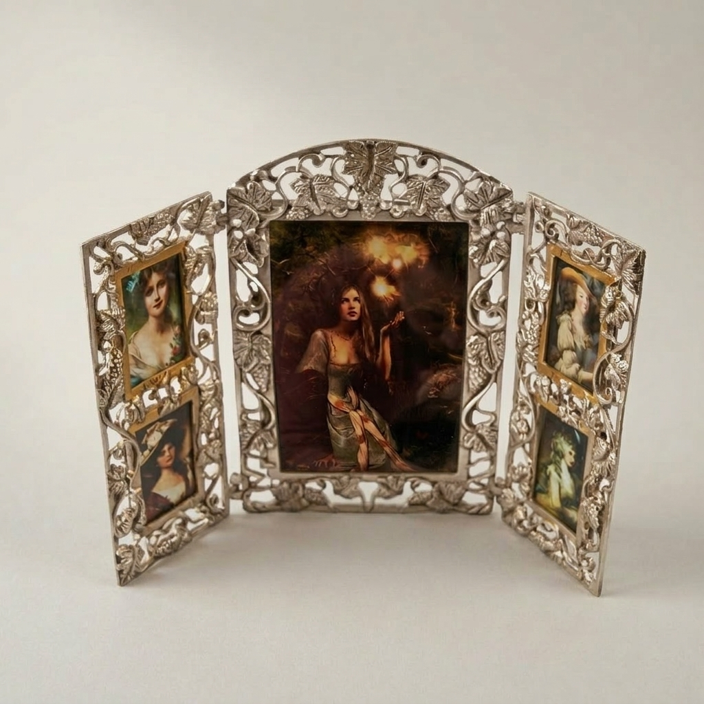 Art Nouveau Brass Triptych Photo Frame - Folding Openwork Acanthus Panel — Silver