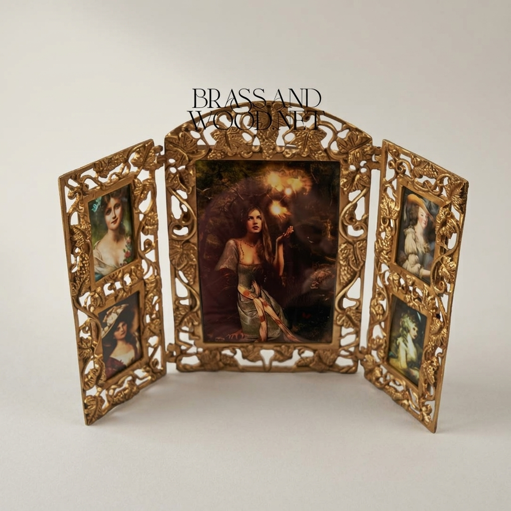 Art Nouveau Brass Triptych Photo Frame - Folding Openwork Acanthus Panel — Antique Gold