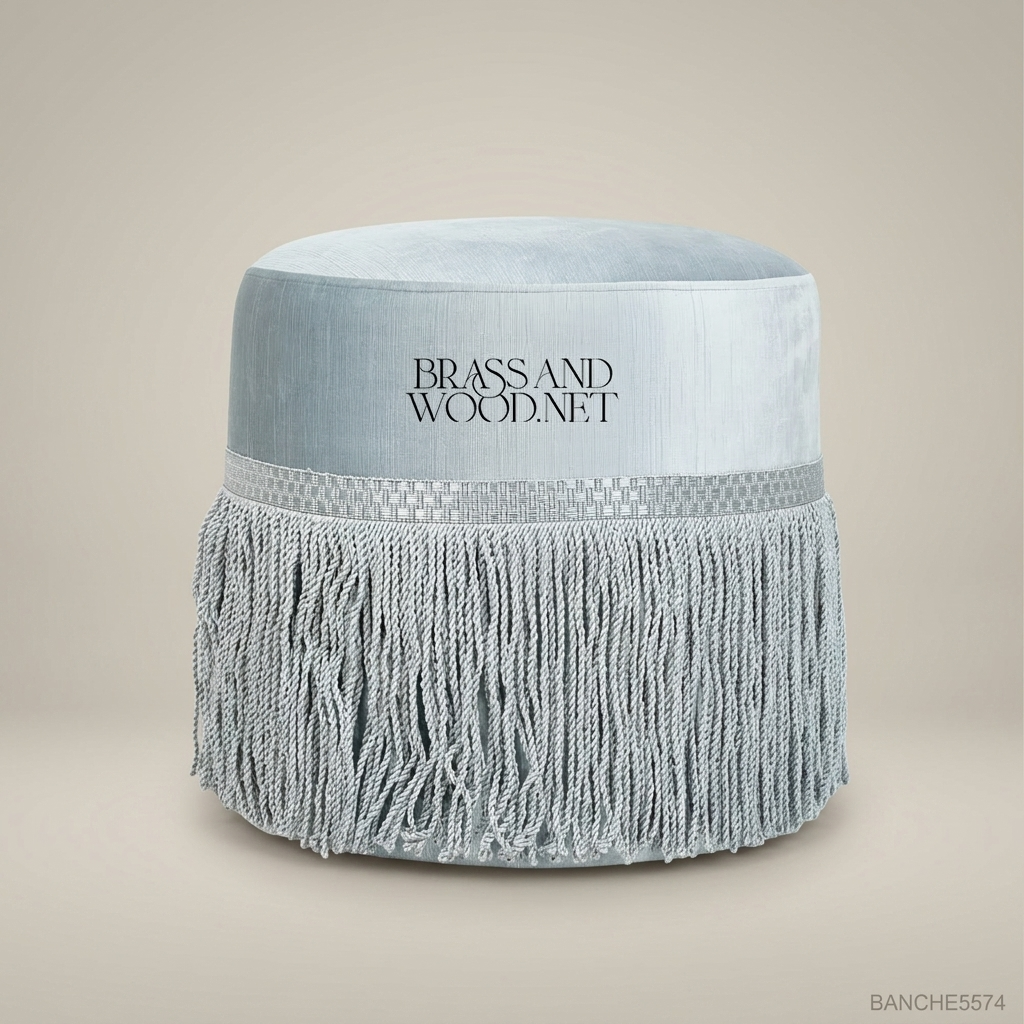 Victorian Salon Pouf with Silk Fringe Trim – Ice Blue