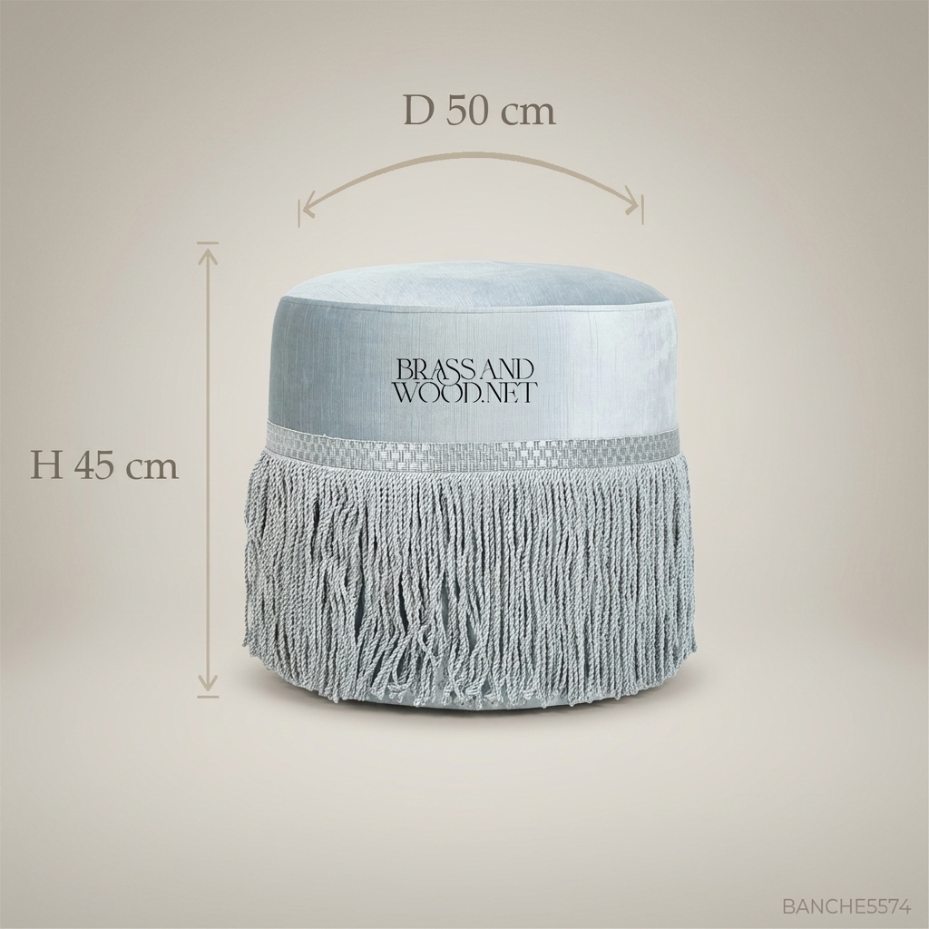 Victorian Salon Pouf with Silk Fringe Trim – Ice Blue