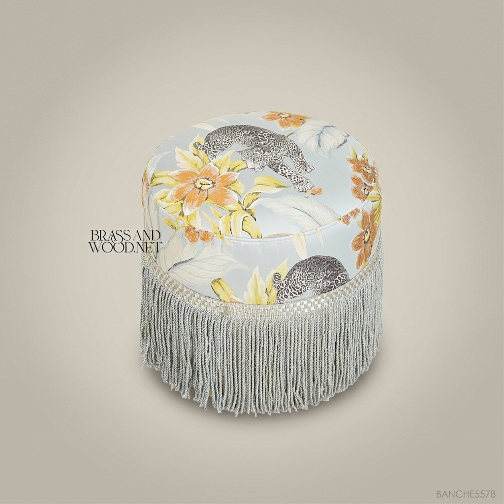 Victorian Salon Pouf with Tropical Floral Print & Tassel Fringe