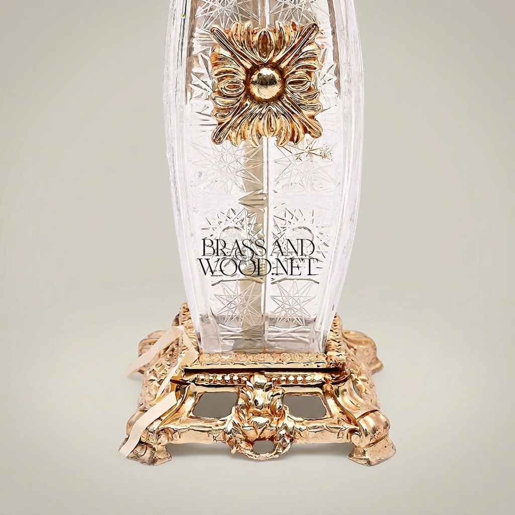 Baroque 5-Arm Crystal & Brass Candelabra with Engraved Column and Ornate Rosette Mount