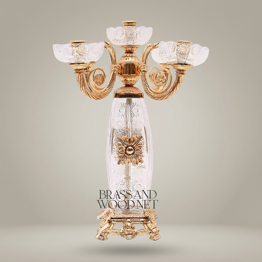Baroque 5-Arm Crystal & Brass Candelabra with Engraved Column and Ornate Rosette Mount