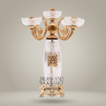 Baroque 5-Arm Crystal & Brass Candelabra with Engraved Column and Ornate Rosette Mount
