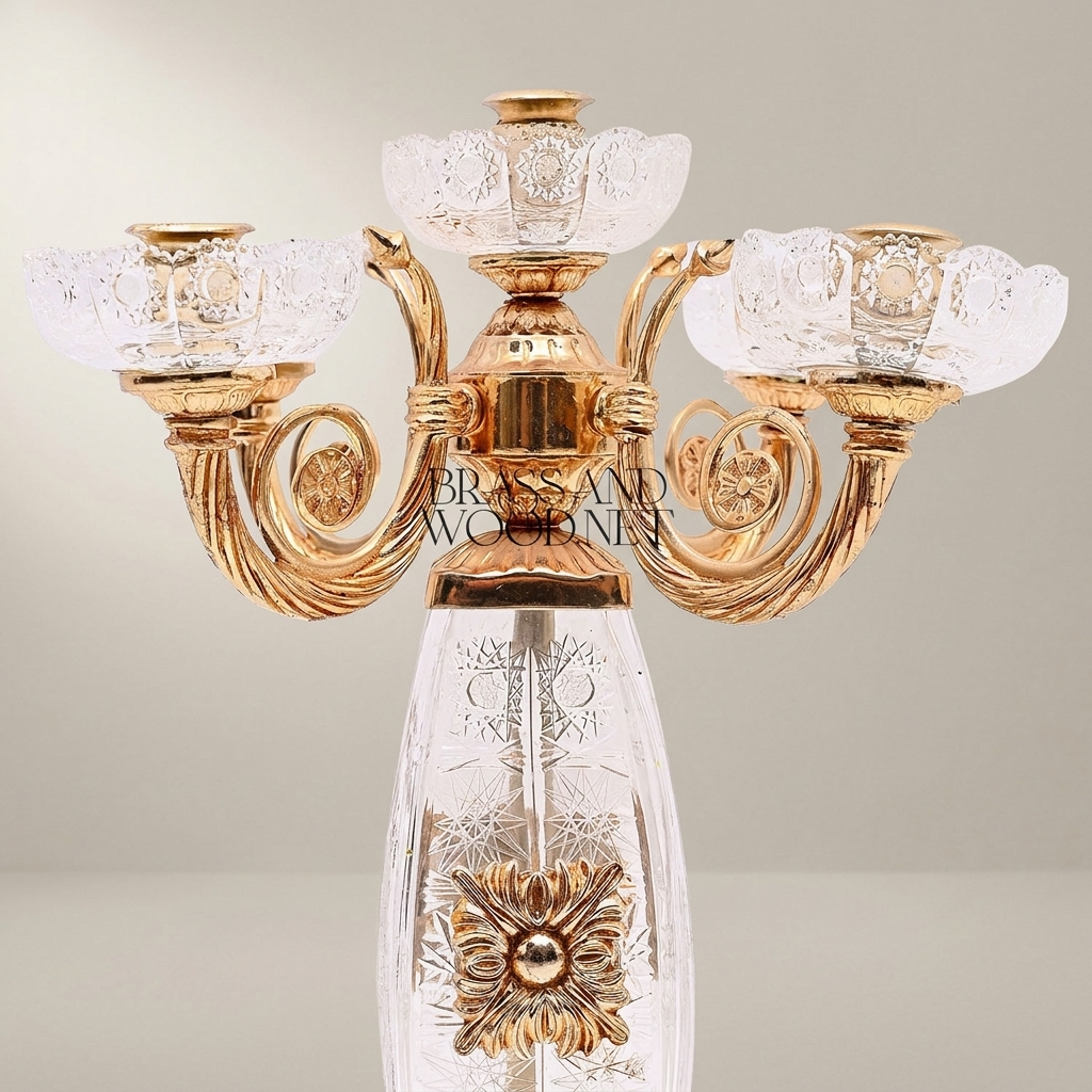 Baroque 5-Arm Crystal & Brass Candelabra with Engraved Column and Ornate Rosette Mount