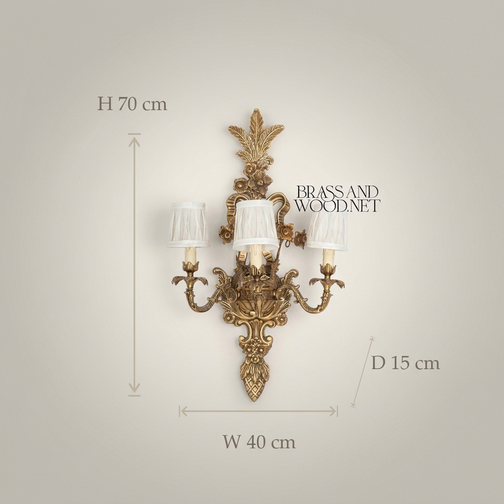 Baroque Brass 3-Arm Wall Sconce with Acanthus & Floral Crest — Antique Gold