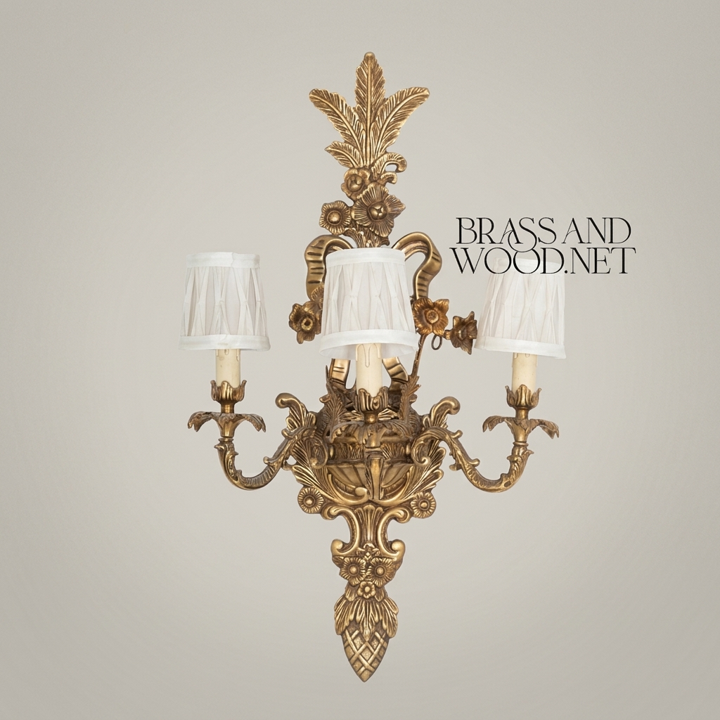 Baroque Brass 3-Arm Wall Sconce with Acanthus & Floral Crest — Antique Gold