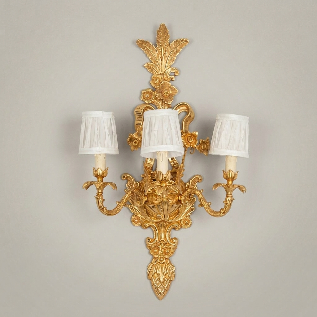 Baroque Brass 3-Arm Wall Sconce with Acanthus & Floral Crest — Gold