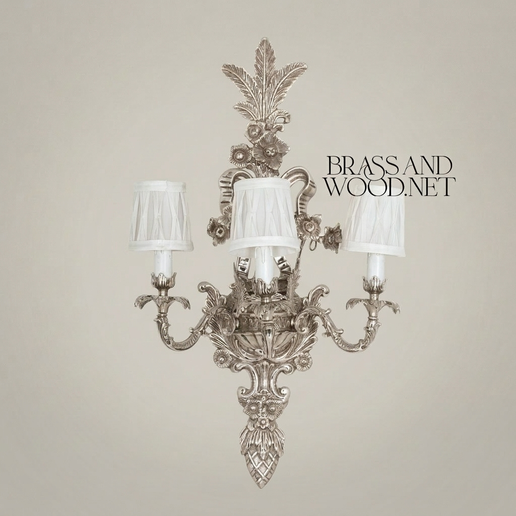 Baroque Brass 3-Arm Wall Sconce with Acanthus & Floral Crest — Silver