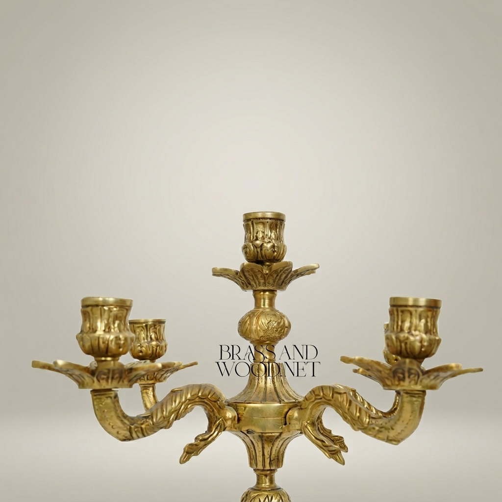 Baroque Brass 5-Arm Candelabra with Dragon Serpent Arms & Acanthus Base — Antique Gold