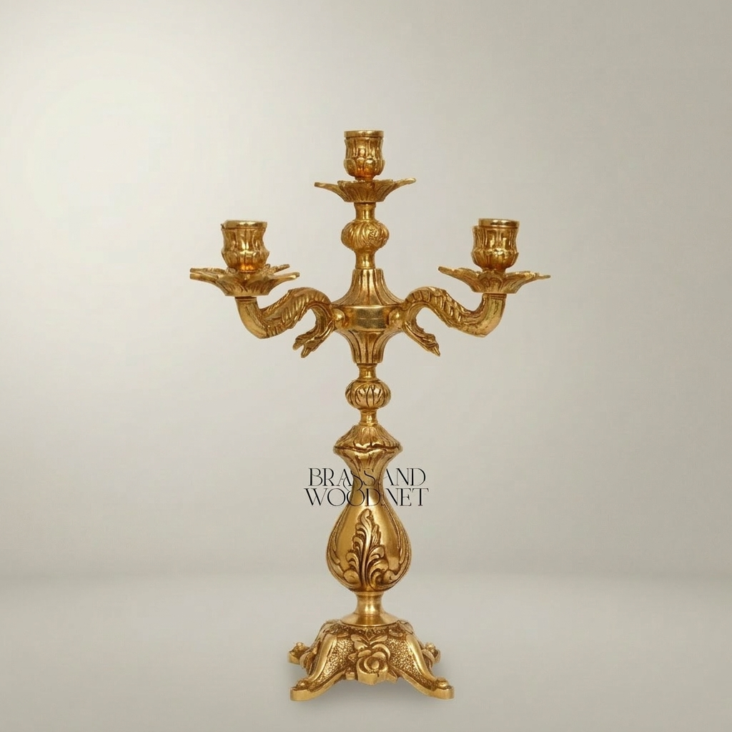 Baroque Brass 5-Arm Candelabra with Dragon Serpent Arms & Acanthus Base