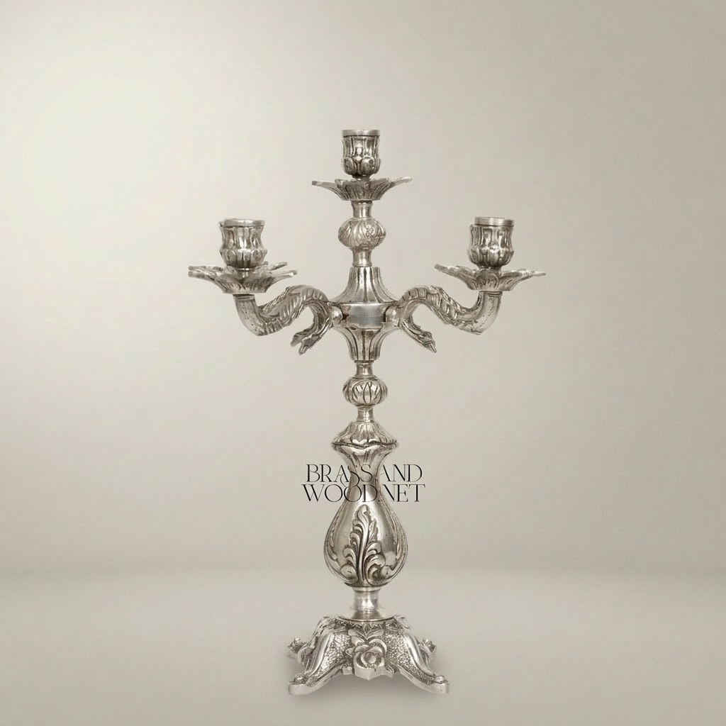 Baroque Brass 5-Arm Candelabra with Dragon Serpent Arms & Acanthus Base — Silver