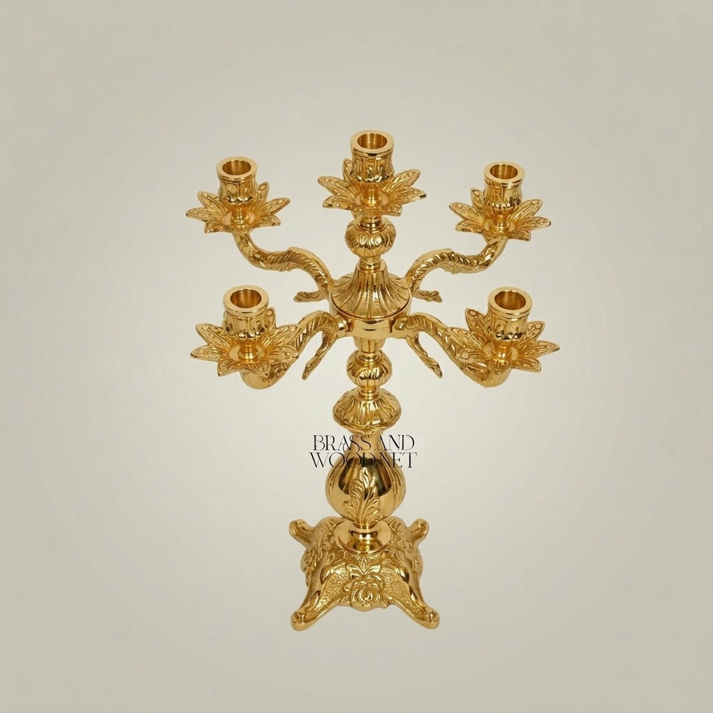 Baroque Brass 5-Arm Candelabra with Dragon Serpent Arms & Acanthus Base — Gold