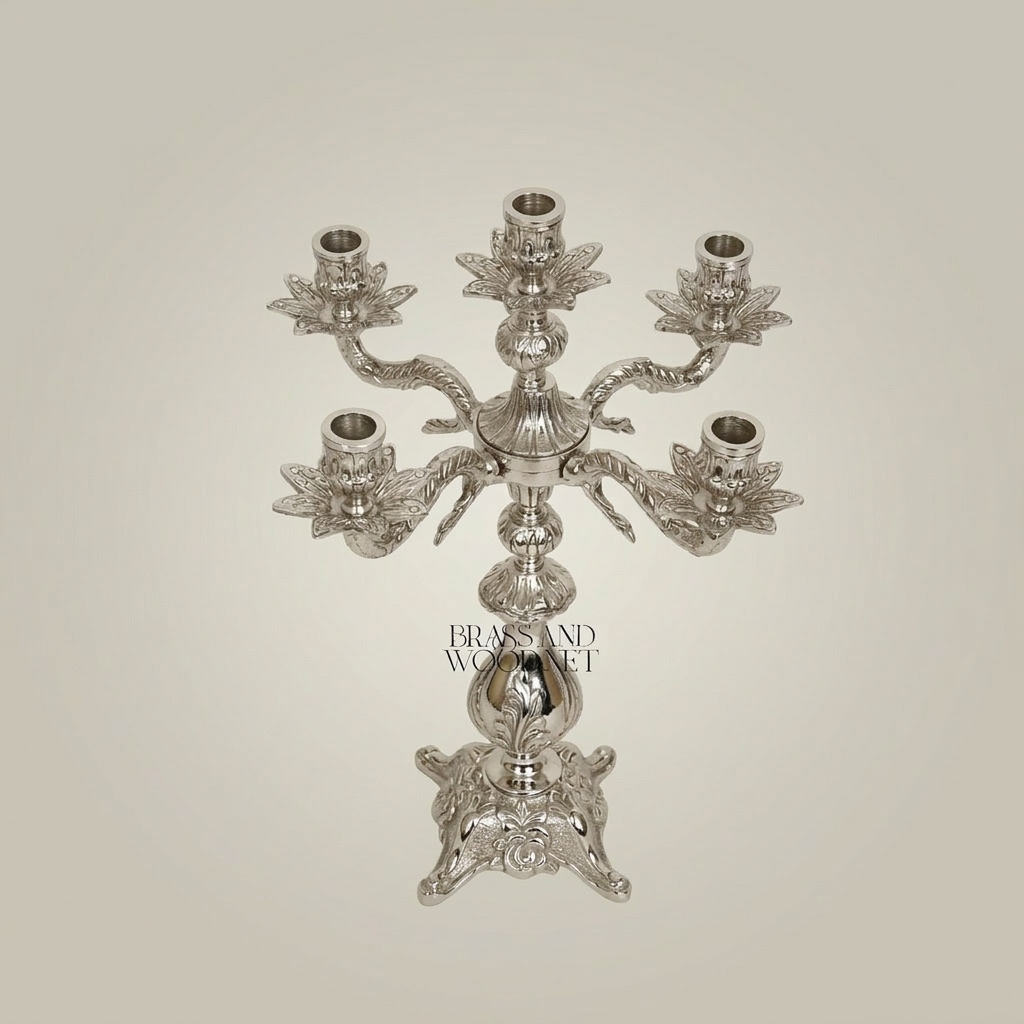 Baroque Brass 5-Arm Candelabra with Dragon Serpent Arms & Acanthus Base — Silver