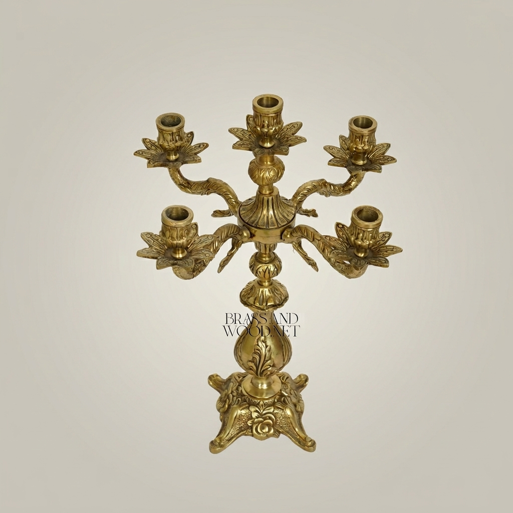 Baroque Brass 5-Arm Candelabra with Dragon Serpent Arms & Acanthus Base — Antique Gold