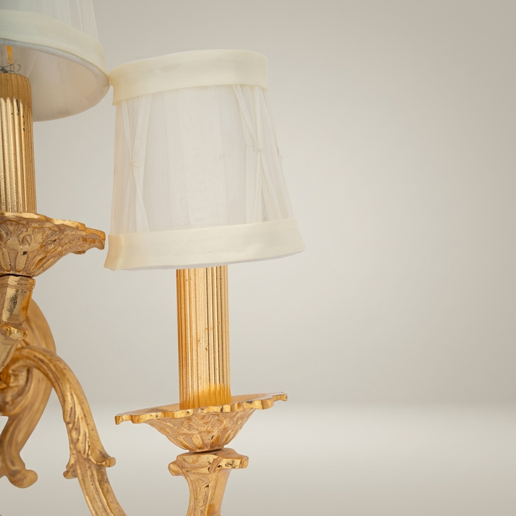 Baroque Brass 5-Arm Wall Sconce with Acanthus Backplate & Ivory Fabric Shades