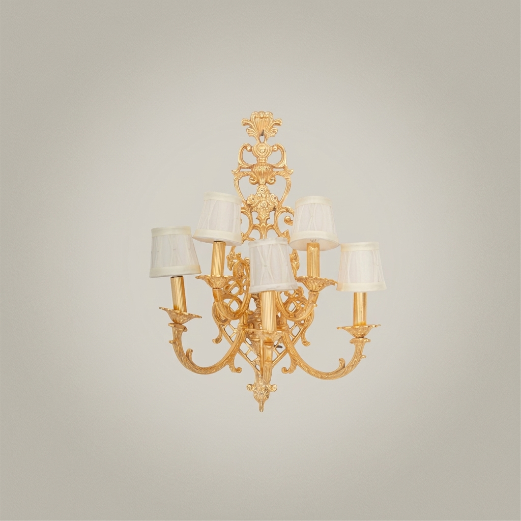 Baroque Brass 5-Arm Wall Sconce with Acanthus Backplate & Ivory Fabric Shades — Gold
