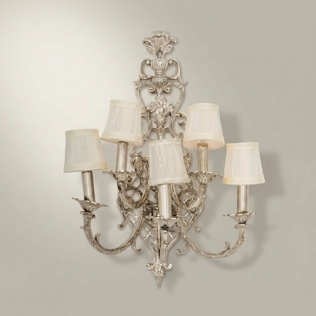 Baroque Brass 5-Arm Wall Sconce with Acanthus Backplate & Ivory Fabric Shades — Silver