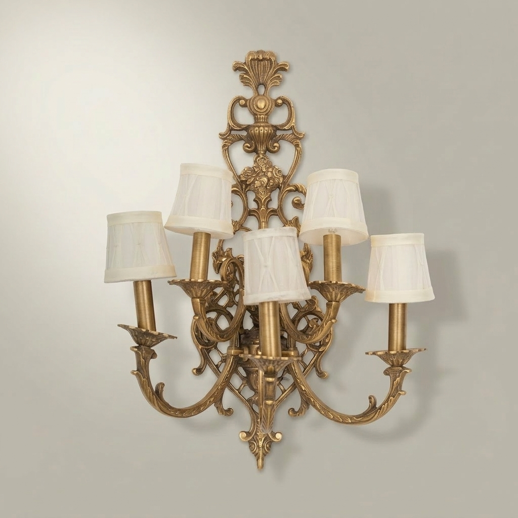 Baroque Brass 5-Arm Wall Sconce with Acanthus Backplate & Ivory Fabric Shades — Antique Gold