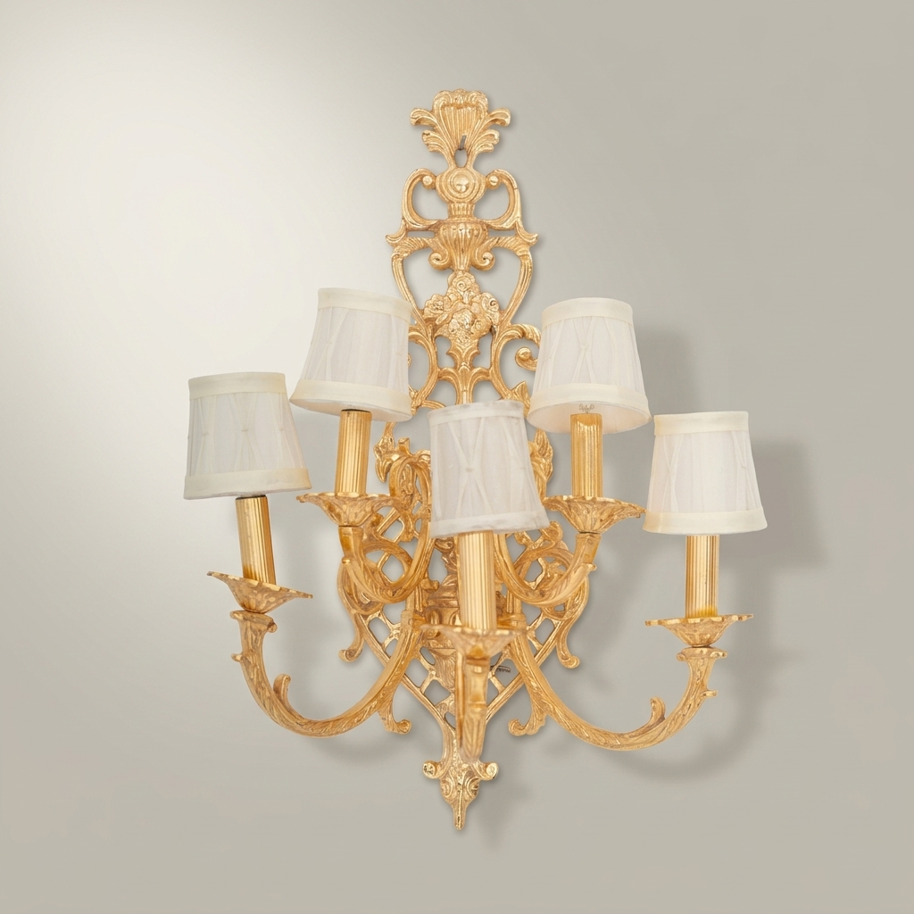 Baroque Brass 5-Arm Wall Sconce with Acanthus Backplate & Ivory Fabric Shades