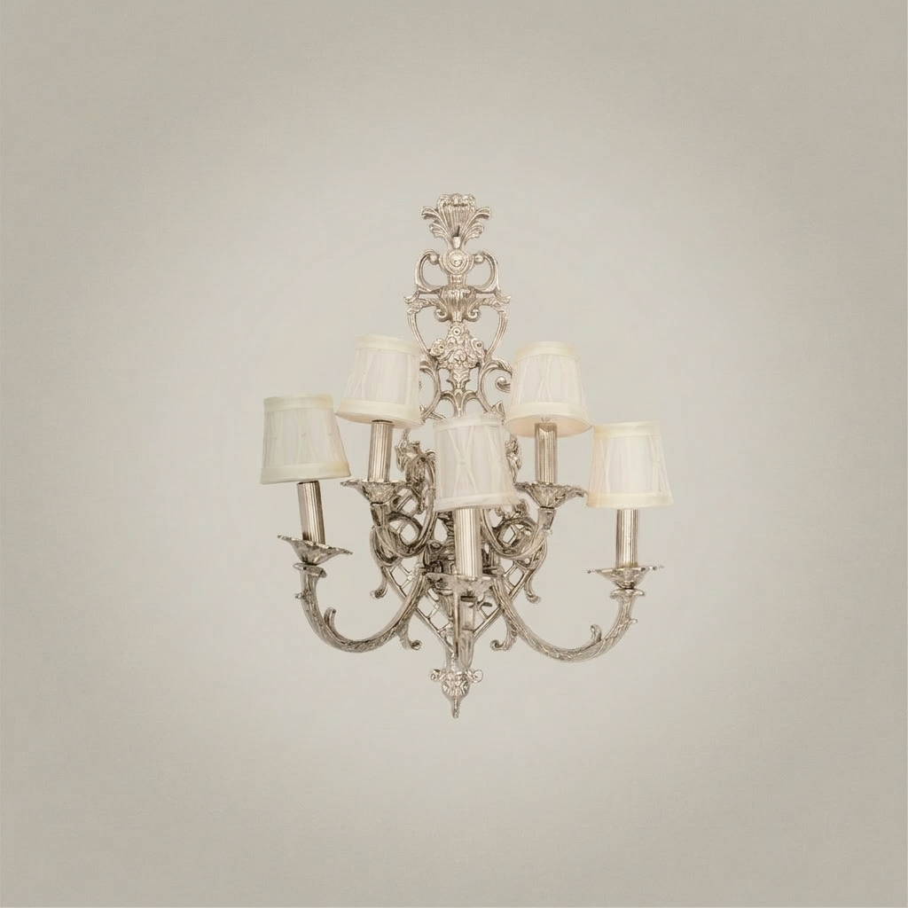 Baroque Brass 5-Arm Wall Sconce with Acanthus Backplate & Ivory Fabric Shades — Silver