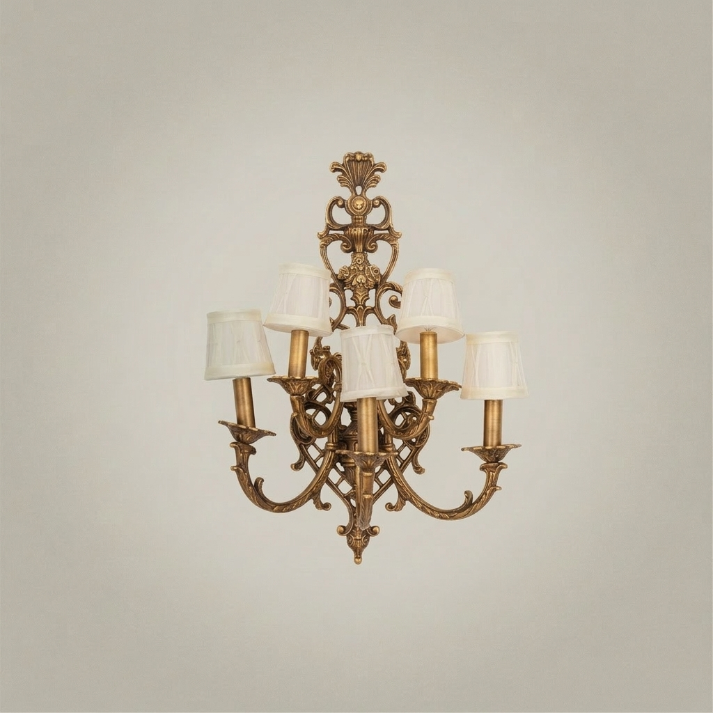Baroque Brass 5-Arm Wall Sconce with Acanthus Backplate & Ivory Fabric Shades — Antique Gold
